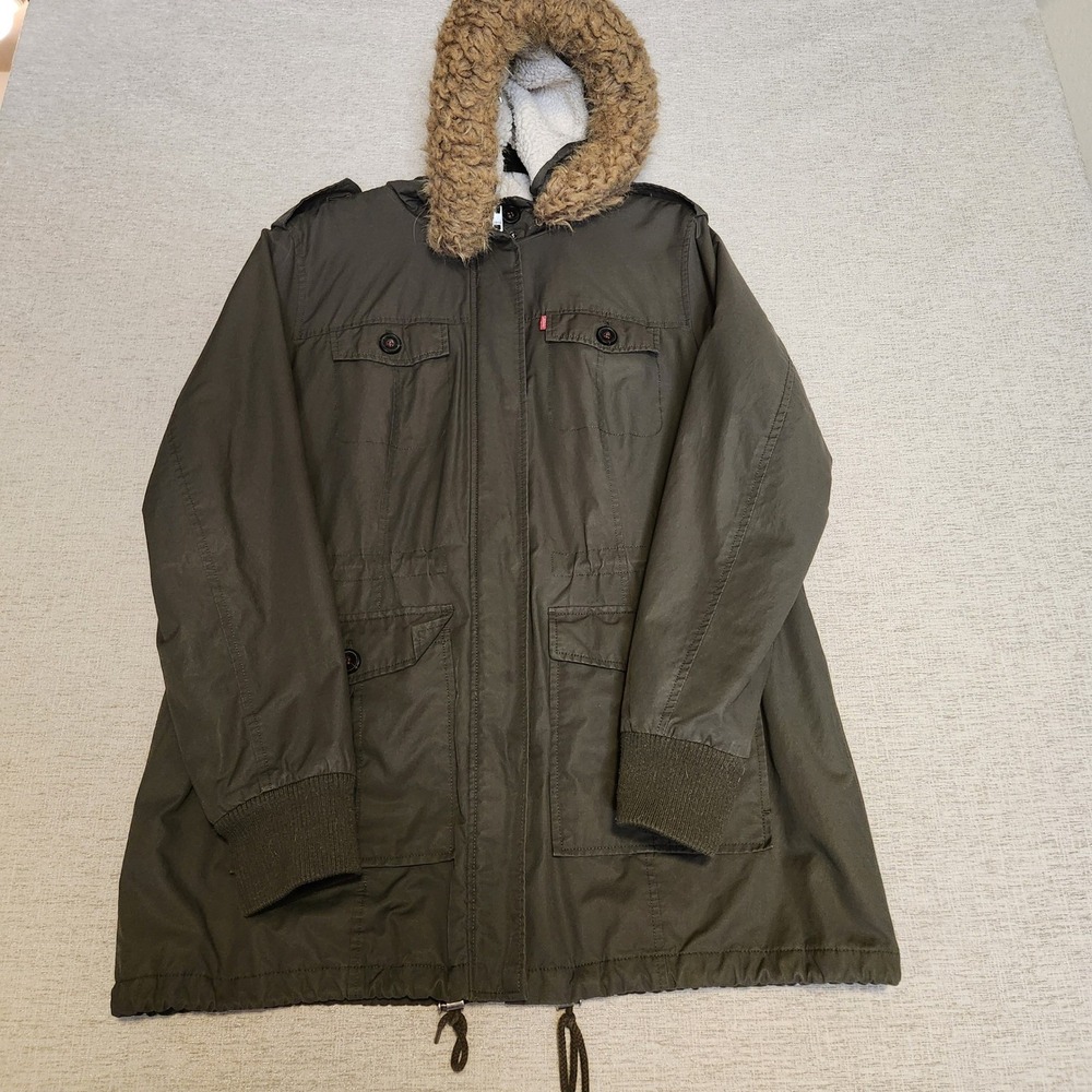 Levi Strauss Parka Jacket Womens XL Olive Green Sherpa Lined Faux Fur Hood